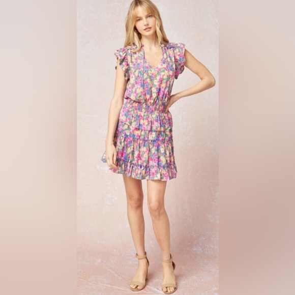 entro Dresses & Skirts - Entro Multicolor Floral Split V neck with Dainty Self Tie Mini Dress
